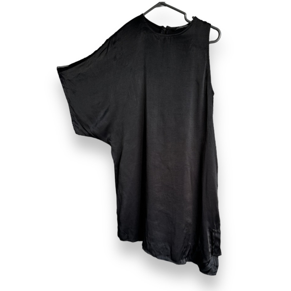 ZARA WOMAN Black Satin Asymmetrical Short Sleeve One Shoulder Midi Dress